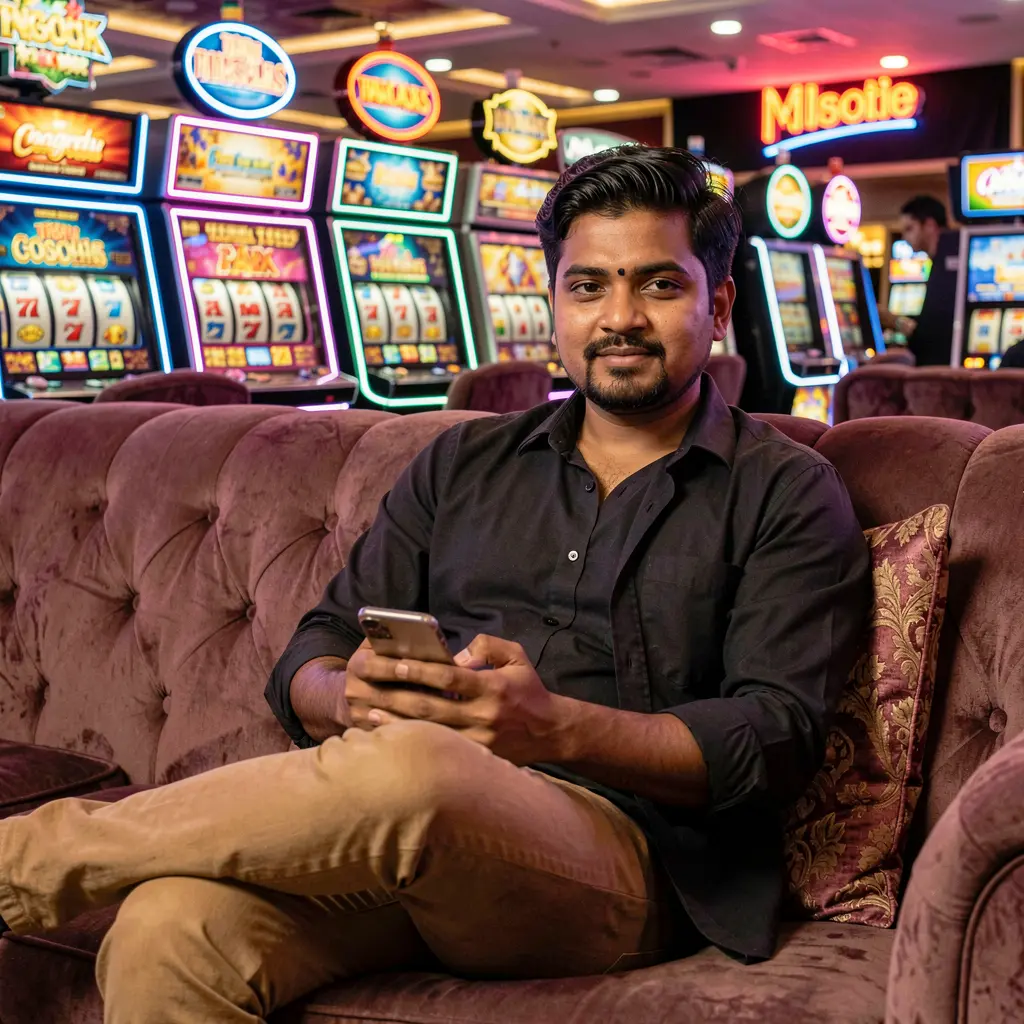 Stylish Bangladeshi player relaxing on a sofa while using the TK68 casino app with colorful slot machines and neon lights behind him