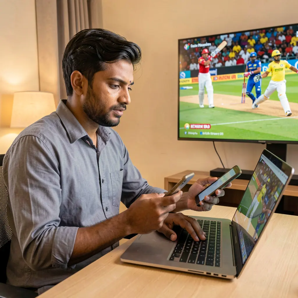 Focused Bangladeshi sports bettor using a laptop and smartphone at home while tracking live cricket action and odds on the TK68 betting platform