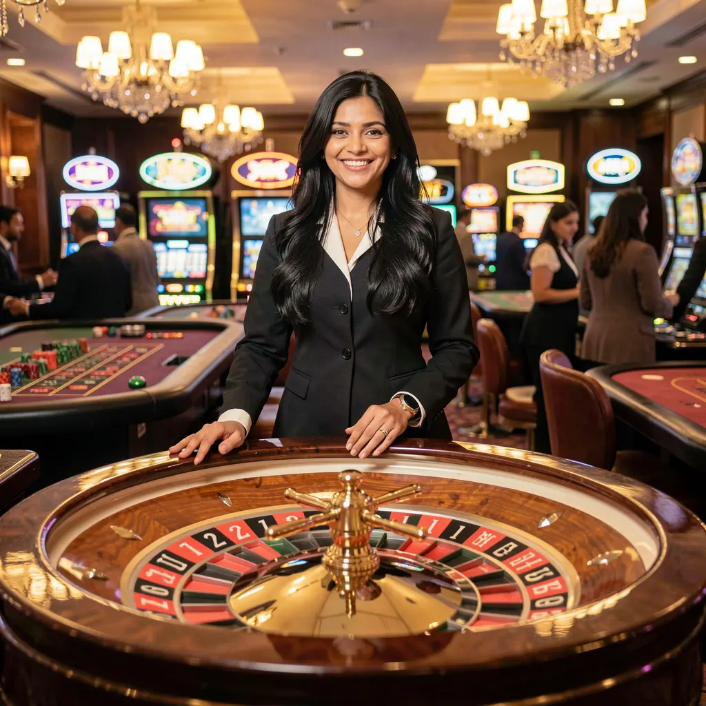Professional casino hostess in a red dress standing at a roulette table with glowing lights and a live casino atmosphere at TK68 in Bangladesh