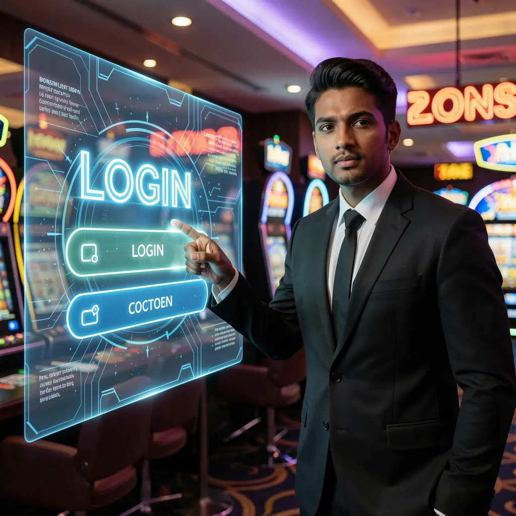 Professional Bangladeshi casino dealer pointing at a glowing TK68 login interface inside a modern online casino setting